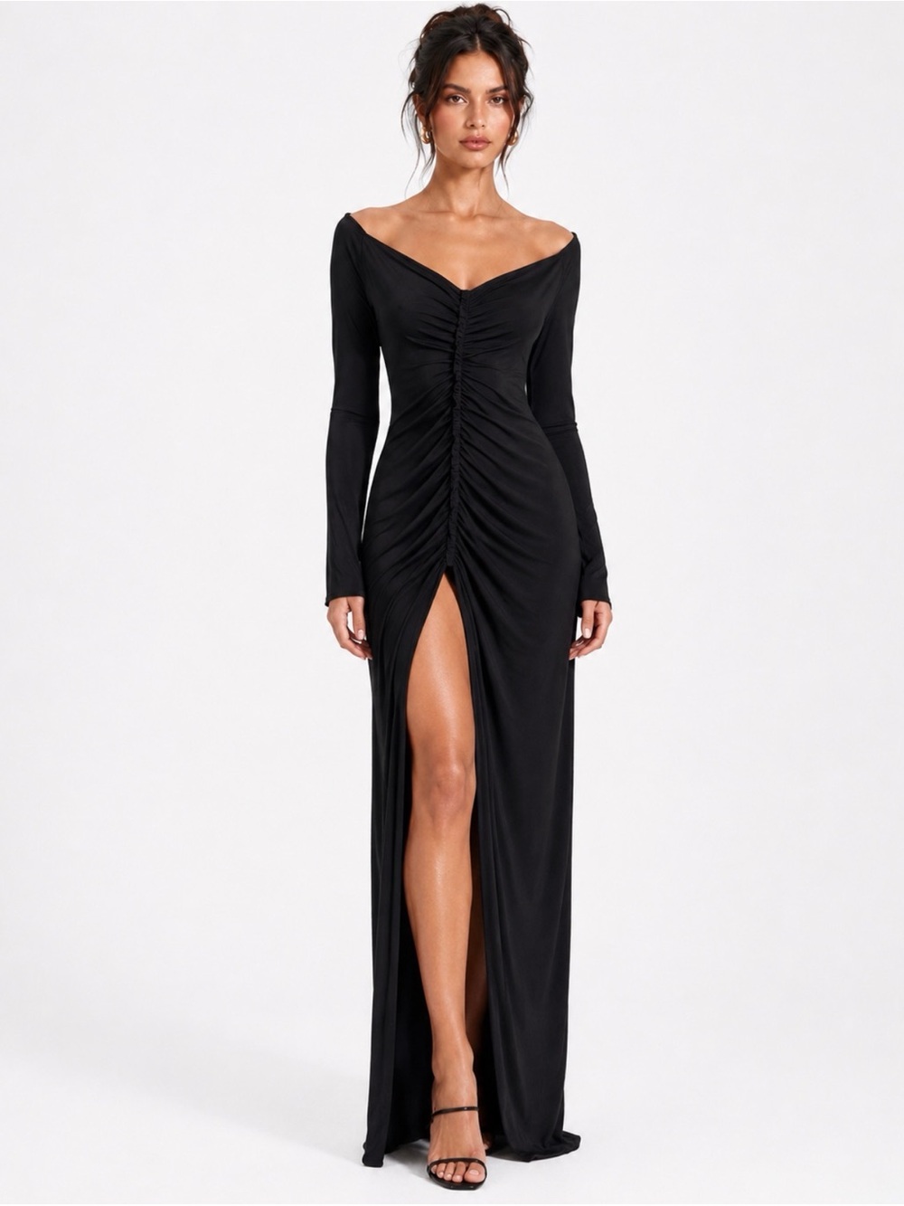 Katie May Black Off-Shoulder Ruched Maxi Dress with Thigh Slit